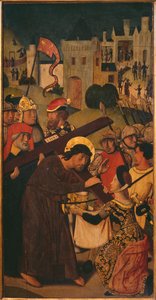 Passie drieluik, het dragen van het kruis, linker paneel door Master of St. Godelieve Legend